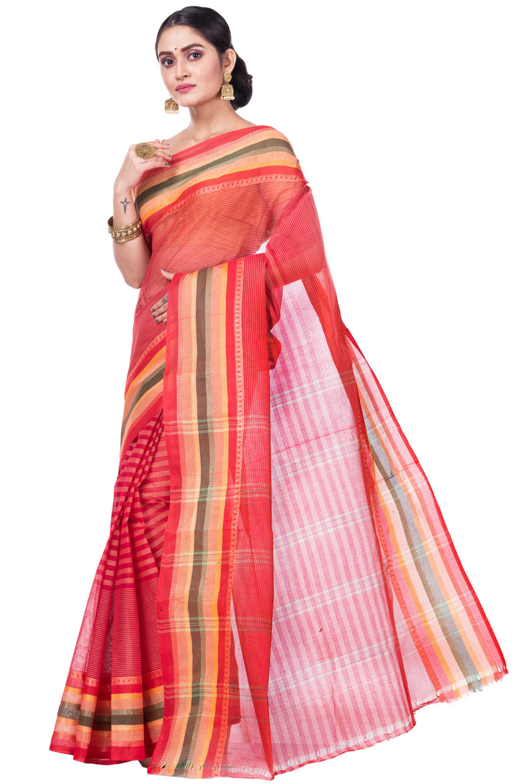 Red Pure Cotton Khajur_Churi_Strip Tant Saree (655)